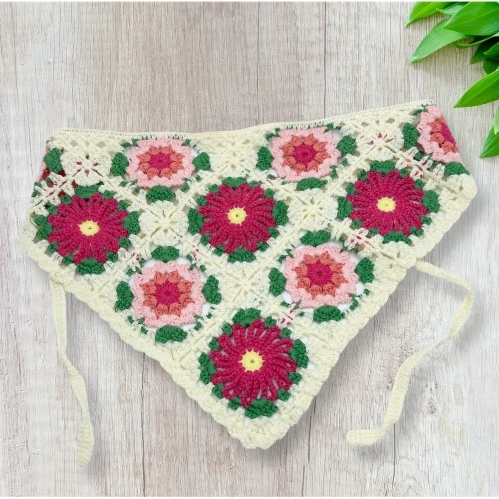 New Handmade Crochet Knitted Multicolour Floral Triangle Headband One Size